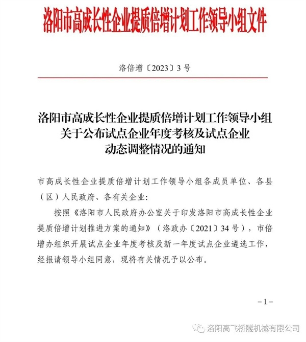 喜報——熱烈祝賀我司成為洛陽市高成長性企業(yè)提質(zhì)倍增計劃試點(diǎn)企業(yè)